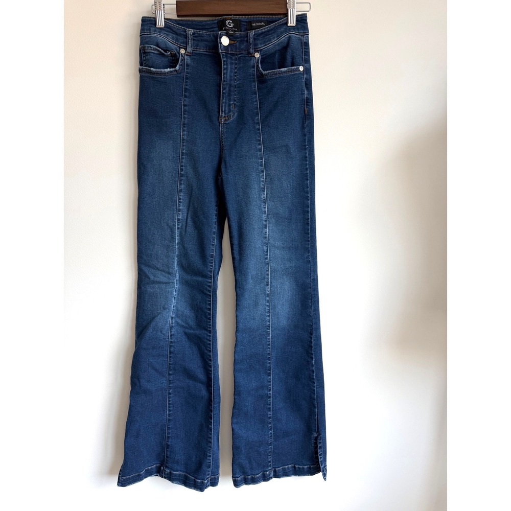Women's Size 6 Western High Rise Flare Jeans Dark Wash Front Seam Slit Hem